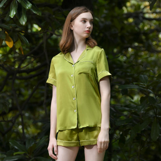 Solo seta重磅纯色真丝睡衣女桑蚕丝秋冬短袖短裤丝绸家居服套装 商品图2