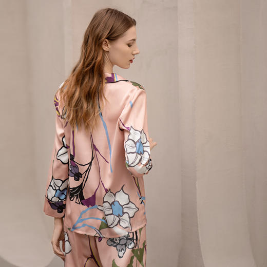 Solo seta真丝睡衣套装女桑蚕丝家居服长袖粉色印花丝绸秋冬 商品图2