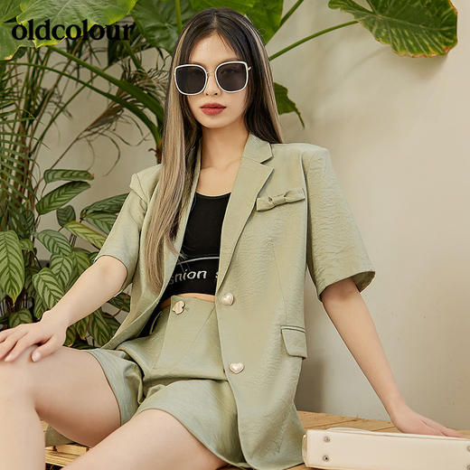 oldcolour春季新品休闲设计感小清新水绿色短袖小西装女BO13048097B 商品图0