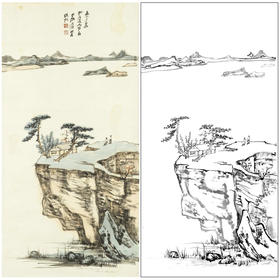 张大千竖幅工笔山水人物白描底稿临摹勾线高清打印稿QD14