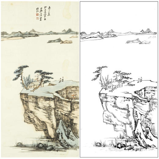 张大千竖幅工笔山水人物白描底稿临摹勾线高清打印稿QD14 商品图0