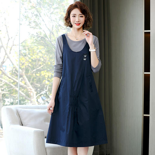 2022春季新款女装文艺气质纯色连衣裙 圆领长袖T背带裙两件套裙  HR-WL62269 商品图1