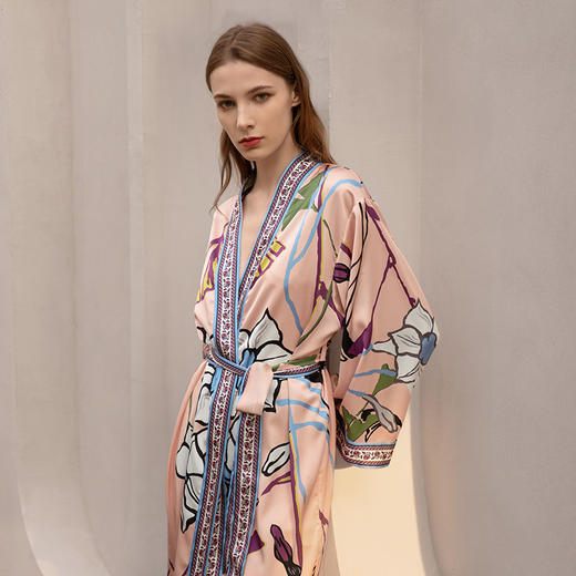 Solo seta真丝睡袍睡衣桑蚕丝家居服女长款粉色印花丝绸秋冬 商品图2