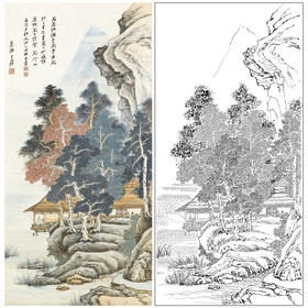 张大千竖幅工笔山水人物白描底稿临摹勾线高清打印稿QD04