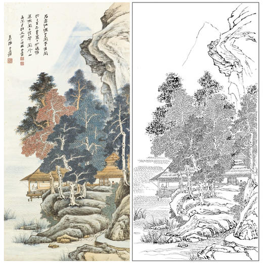 张大千竖幅工笔山水人物白描底稿临摹勾线高清打印稿QD04 商品图0