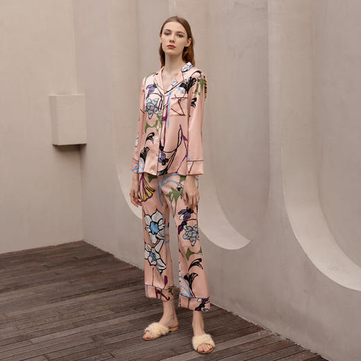 Solo seta真丝睡衣套装女桑蚕丝家居服长袖粉色印花丝绸秋冬 商品图4
