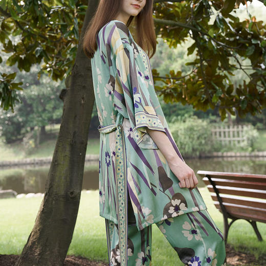 Solo seta桑蚕丝睡袍女外穿风中长款睡衣晨袍印花丝绸家居服秋冬 商品图2