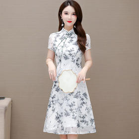 WE YNX2126印花改良版旗袍裙子2022夏装新款修身气质大码短袖连衣裙女中长款