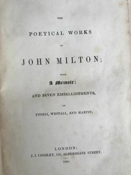 1845年 弥尔顿诗集 福赛尔、马丁等7幅版画插图 漆布精装18开 商品图3