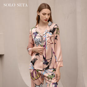 Solo seta真丝睡衣套装女桑蚕丝家居服长袖粉色印花丝绸秋冬