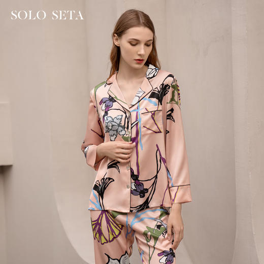 Solo seta真丝睡衣套装女桑蚕丝家居服长袖粉色印花丝绸秋冬 商品图0