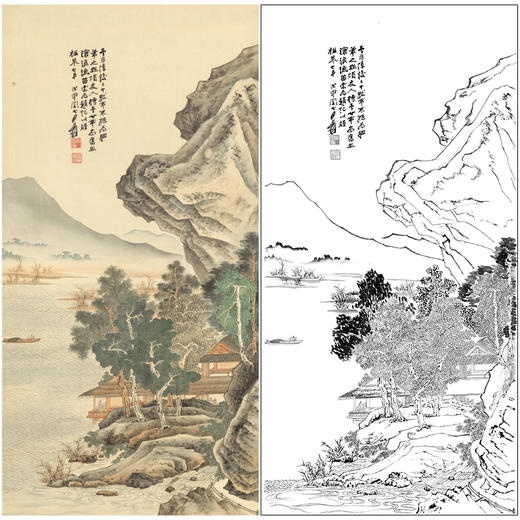 【大彩图】张大千工笔白描底稿《沧浪渔笛图》临摹高清打印稿QD01 商品图0