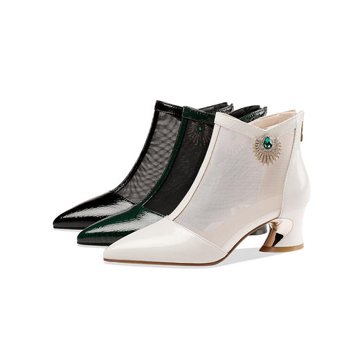 网纱靴子女镂空四季靴气质尖头中跟凉靴漆皮水钻粗跟白色短靴CV-D49-76 商品图6