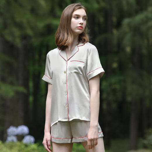 Solo seta重磅纯色真丝睡衣女桑蚕丝秋冬短袖短裤丝绸家居服套装 商品图3