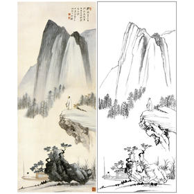 张大千竖幅工笔山水人物白描底稿《看山图》临摹勾线高清打印稿QD11