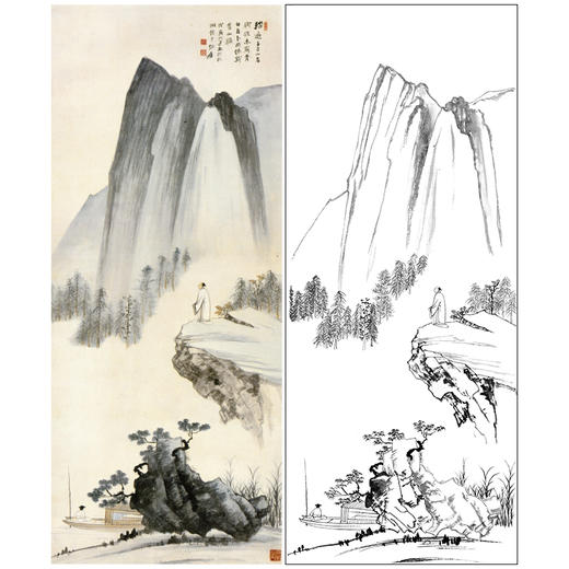 张大千竖幅工笔山水人物白描底稿《看山图》临摹勾线高清打印稿QD11 商品图0