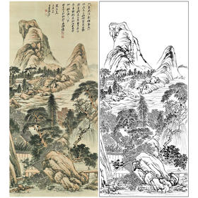 张大千竖幅工笔山水白描底稿临摹勾线高清打印稿QD05