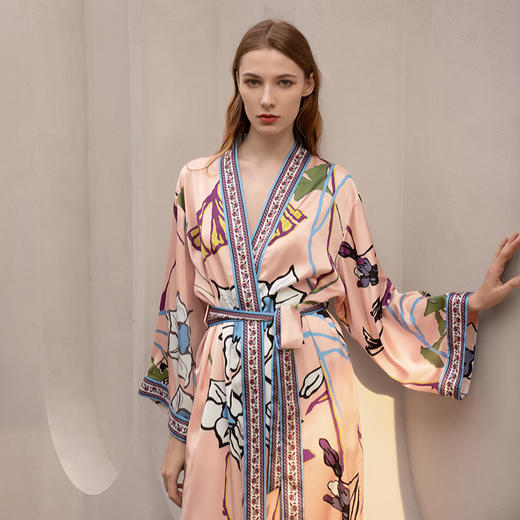 Solo seta真丝睡袍睡衣桑蚕丝家居服女长款粉色印花丝绸秋冬 商品图1