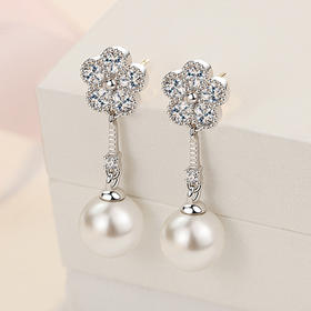 SWZH-ED438镶钻耳环五瓣花朵气质珍珠耳钉女流苏白铜耳环韩版新款耳饰