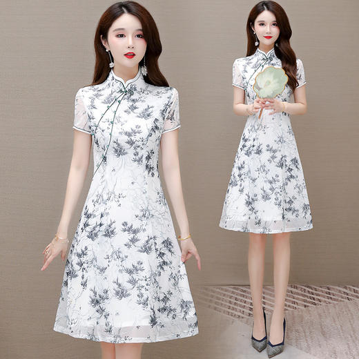 WE YNX2126印花改良版旗袍裙子2022夏装新款修身气质大码短袖连衣裙女中长款 商品图1