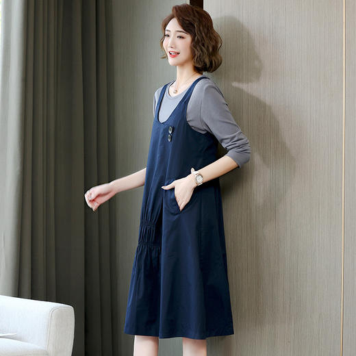 2022春季新款女装文艺气质纯色连衣裙 圆领长袖T背带裙两件套裙  HR-WL62269 商品图2