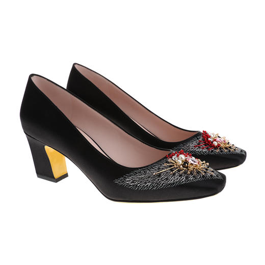 sheme新中式《高山族》系列原创文化设计真皮女鞋小方头粗跟真丝刺绣烫钻单鞋优雅时尚可定制 商品图5