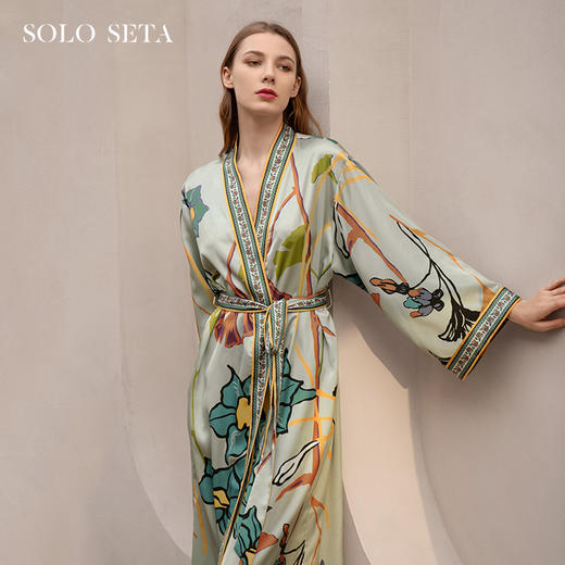 Solo seta真丝睡袍睡衣桑蚕丝家居服女长款粉色印花丝绸秋冬 商品图0