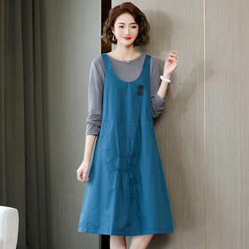 2022春季新款女装文艺气质纯色连衣裙 圆领长袖T背带裙两件套裙  HR-WL62269