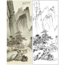 张大千竖幅工笔山水白描底稿临摹勾线高清打印稿QD08