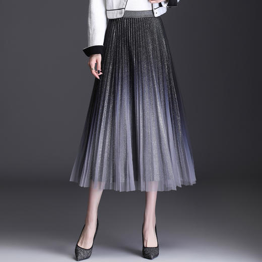 时尚渐变色亮丝网纱百褶裙，修身显瘦A字大裙摆长裙春秋半身裙TY-2106 商品图1