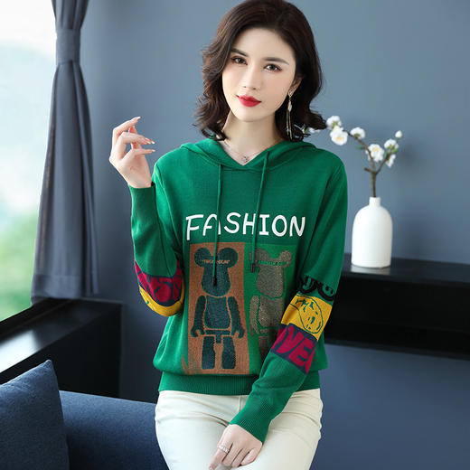 QY  XZ2207字母拼色短款套头连帽针织衫【优】 商品图2