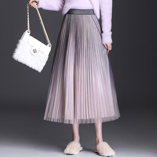 时尚渐变色亮丝网纱百褶裙，修身显瘦A字大裙摆长裙春秋半身裙TY-2106 商品图0