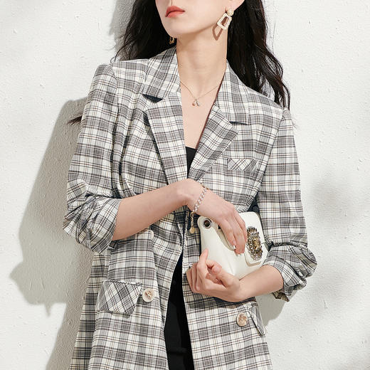 剩S/M/L/XL 芳外格纹中长西服风衣2022春季新款五分袖女式西服 商品图4