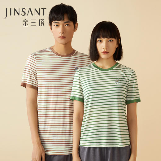 金三塔100%桑蚕丝色织条纹撞色男女情侣打底衫T恤上衣新品可外穿 YZFCB701 商品图0