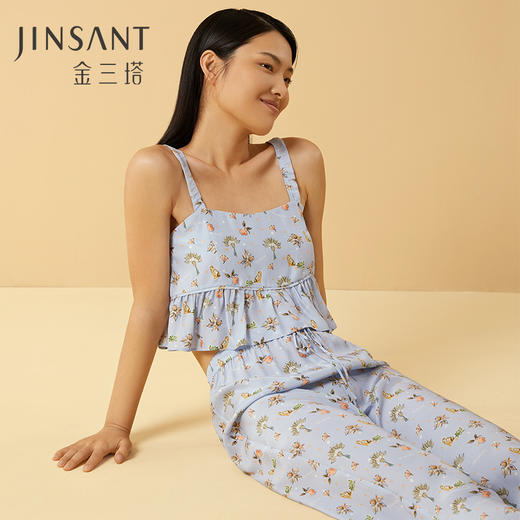 金三塔100%桑蚕丝印花荷叶边女士真丝睡衣印花吊带长裤套家居服可外穿  YSFCB404 商品图0