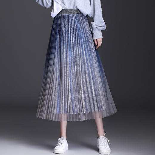 时尚渐变色亮丝网纱百褶裙，修身显瘦A字大裙摆长裙春秋半身裙TY-2106 商品图2