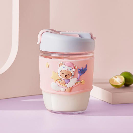 泰福高双饮口玻璃杯 390ml玻璃水杯便携咖啡杯女冬季可爱带吸管杯大容量泡茶杯子 商品图0