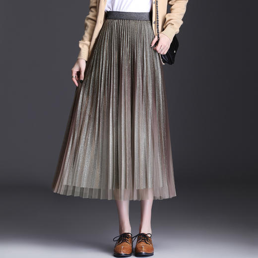 时尚渐变色亮丝网纱百褶裙，修身显瘦A字大裙摆长裙春秋半身裙TY-2106 商品图3