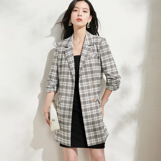 剩S/M/L/XL 芳外格纹中长西服风衣2022春季新款五分袖女式西服 商品图2