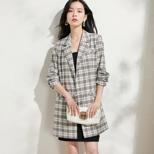 剩S/M/L/XL 芳外格纹中长西服风衣2022春季新款五分袖女式西服 商品图1