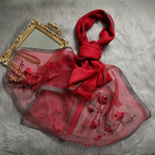 新款春秋百搭真丝绣花围巾 ，刺绣真丝丝巾羊毛混纺披肩围巾QM000289 商品图2