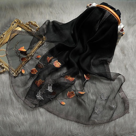 新款春秋百搭真丝绣花围巾 ，刺绣真丝丝巾羊毛混纺披肩围巾QM000289 商品图4