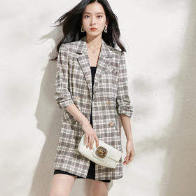 剩S/M/L/XL 芳外格纹中长西服风衣2022春季新款五分袖女式西服