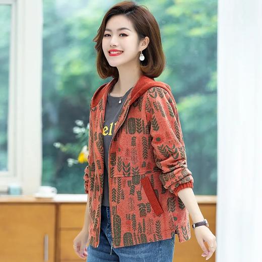 JS22A花色外套女春秋新款大码宽松休闲针织拼接连帽中老年洋气卫衣 商品图4