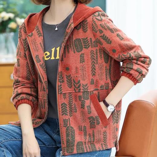 JS22A花色外套女春秋新款大码宽松休闲针织拼接连帽中老年洋气卫衣 商品图1