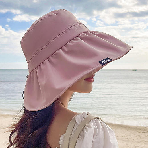 韩国轻薄透气抽绳大沿帽纯色百搭后开叉可折叠太阳帽  JC-1627 商品图1