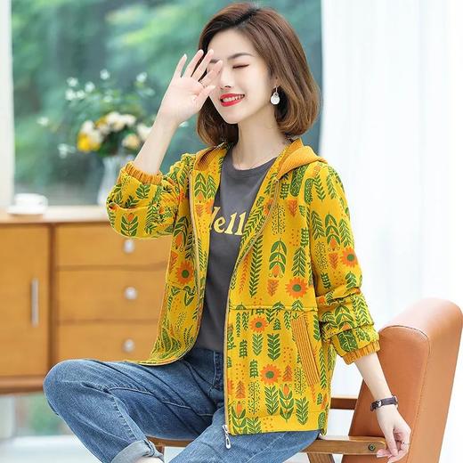 JS22A花色外套女春秋新款大码宽松休闲针织拼接连帽中老年洋气卫衣 商品图5