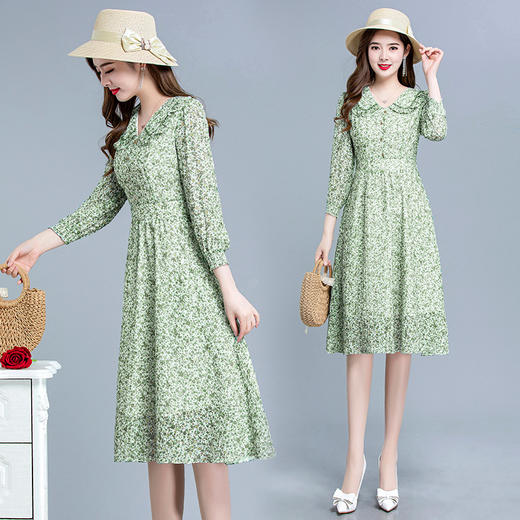 WE- AH22A1205 碎花连衣裙女中长款2022春装新款修身大码长袖气质优雅时尚A字裙 商品图3