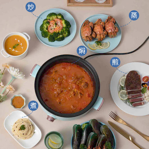 【北欧风网红款多功能锅】七彩叮当多功能电煮锅小型炒锅不粘锅内胆煎炒蒸煮焖涮炖一锅多用（送木铲） 商品图2