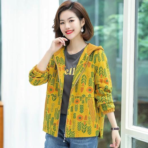 JS22A花色外套女春秋新款大码宽松休闲针织拼接连帽中老年洋气卫衣 商品图6